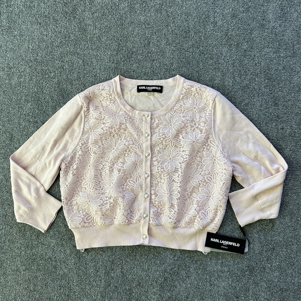 Karl Lagerfeld Sweater Womens Large Pink Lace Cardigan Pearl Button Floral Knit